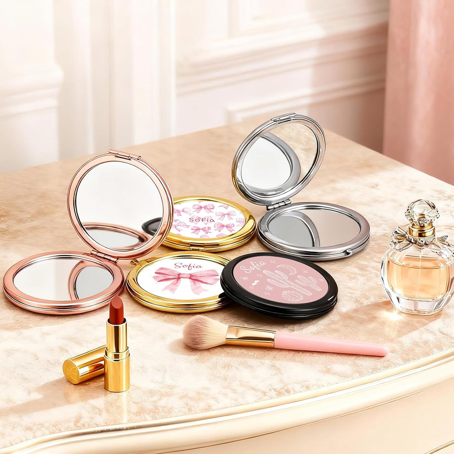 Custom Compact Mirror with Name - Personalized Flip Makeup Travel Pocket Mirror Gift for Women Bridesmaids Wedding Birthday (Bownot)