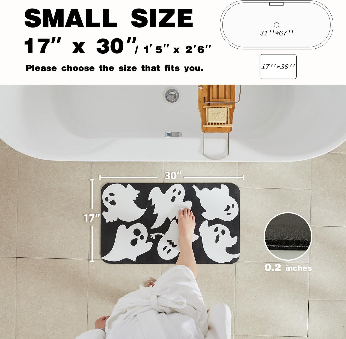 Halloween Bath Mat, Thin Halloween Bathroom Rug Non Slip Quick Dry Ghost Bath Mat Fits Under Door Thin Floor Mat Halloween Decor, 17''x30'', Ghosts Black