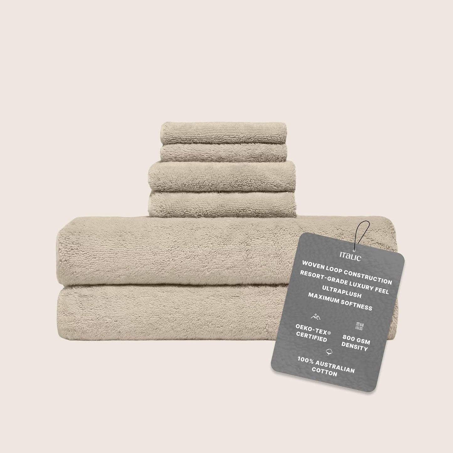 Italic Ultraplush Luxe 6 Piece Towel Set – 2 Bath Sheets, 2 Hand Towels, 2 Washcloths – 800GSM Soft, Highly Absorbent & Quick Drying, Resort Grade 100% Australian Cotton Towels (Sand)