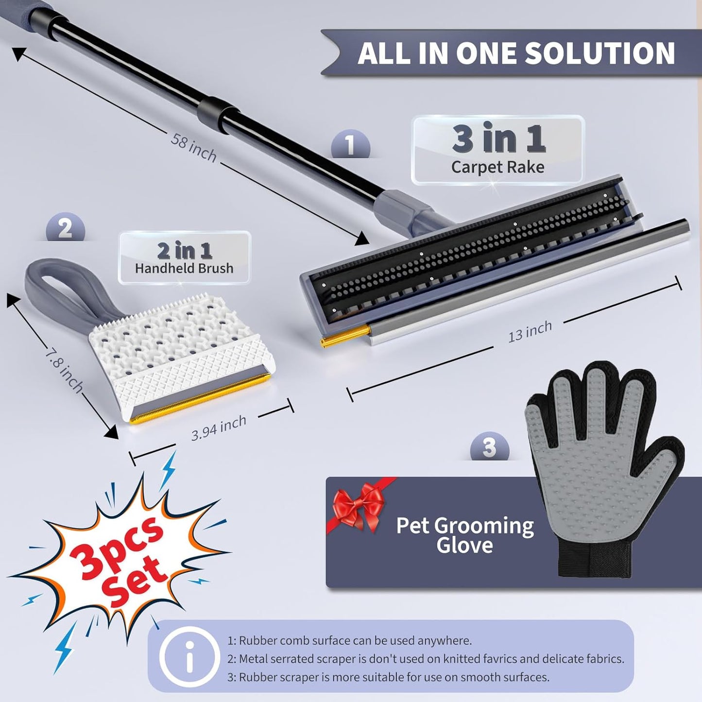 Carpet Rake for Pet Hair Removal - 3 in 1 Pet Hair Remover Tool with 58" Adjustable Long Handle,Reusable Dog & Cat Carpet Scraper,Pet Hair Remover for Rugs,Mats,Couch,Curtains(Gray)