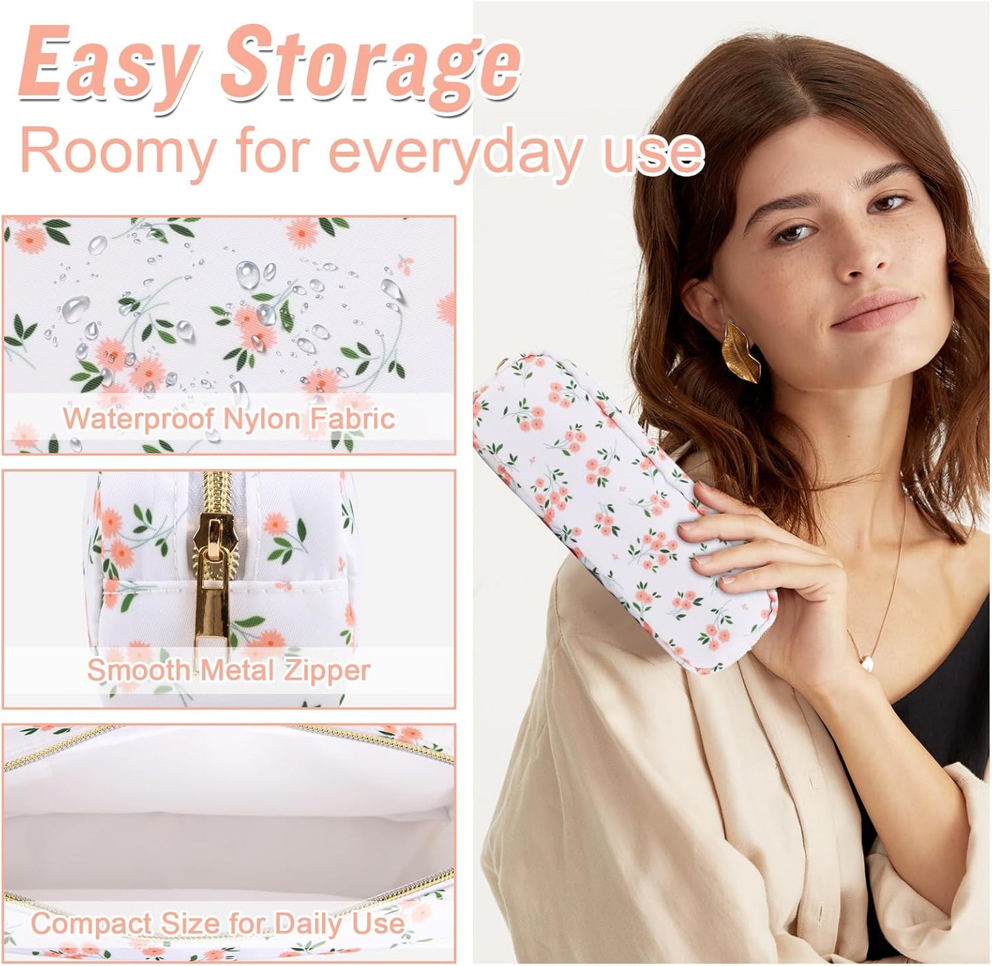 izuzta Nylon Small Floral Makeup Bag Slim Pouch, Preppy Cute Makeup Brush Case Bag Cosmetic Zipper Pouch Purse, Waterproof Travel Toiletry Bag Coin Pouch Make Up Organizer Women Girls(White-Floral)