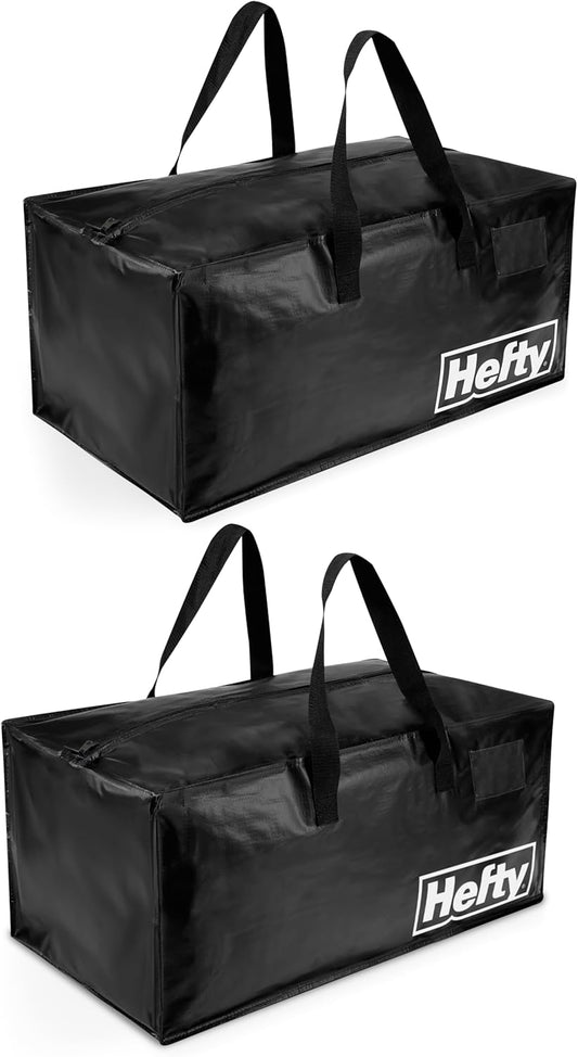 Hefty Moving Bag – Extra Large Double Zipper Backpack – Heavy Duty, Water Resistant, Foldable, Reusable Packing & Storage Tote with Shoulder Straps for Garage and Basement Organization – 2 Pack