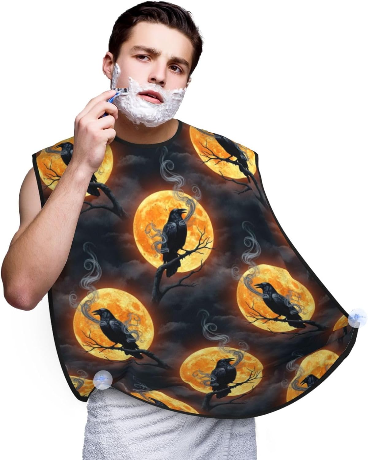 No-Slip Shaving Bib, Beard Grooming Apron with Strong Suction Cups, Moon Black Crow Raven Bird