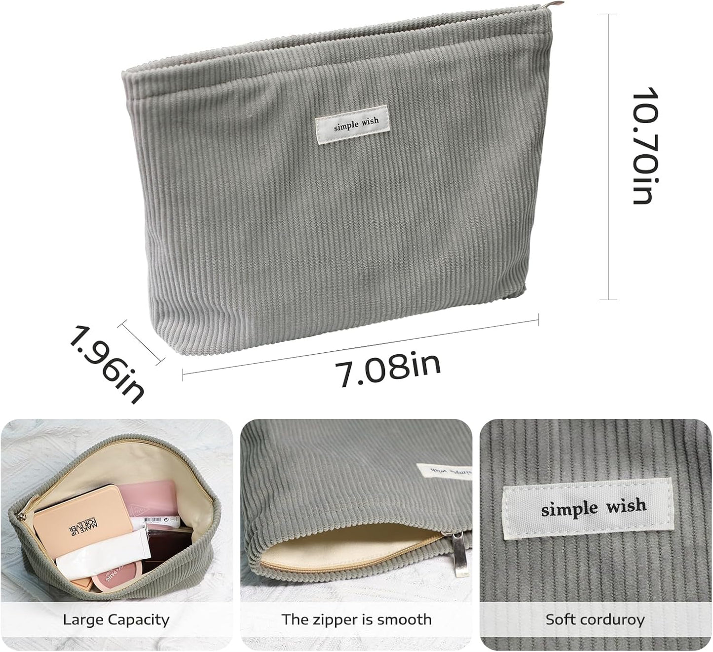 Wudygirl Cosmetic Bags for Women Travel Makeup Bag Large Capacity Makeup Pouch Cute Makeup Bag Organizer Handbags Purses Zipper Pouch Corduroy (Dark Gray)