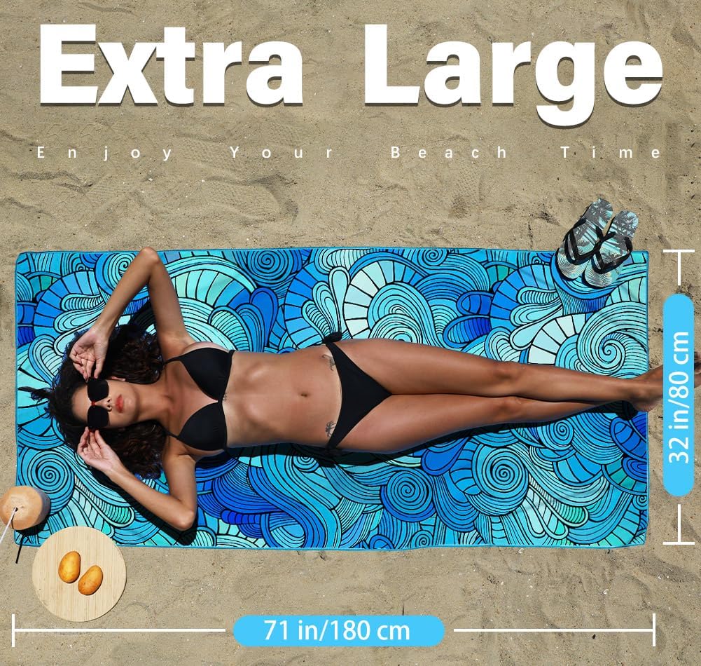 Microfiber Thin Lightweight Flat Beach Towel Sand Free Quick Dry Absorbent Compact Towels for Swimming Pool Camping Beach Accessories Large Easy Pack Travel Things for Vacation Essentials Adult Gift