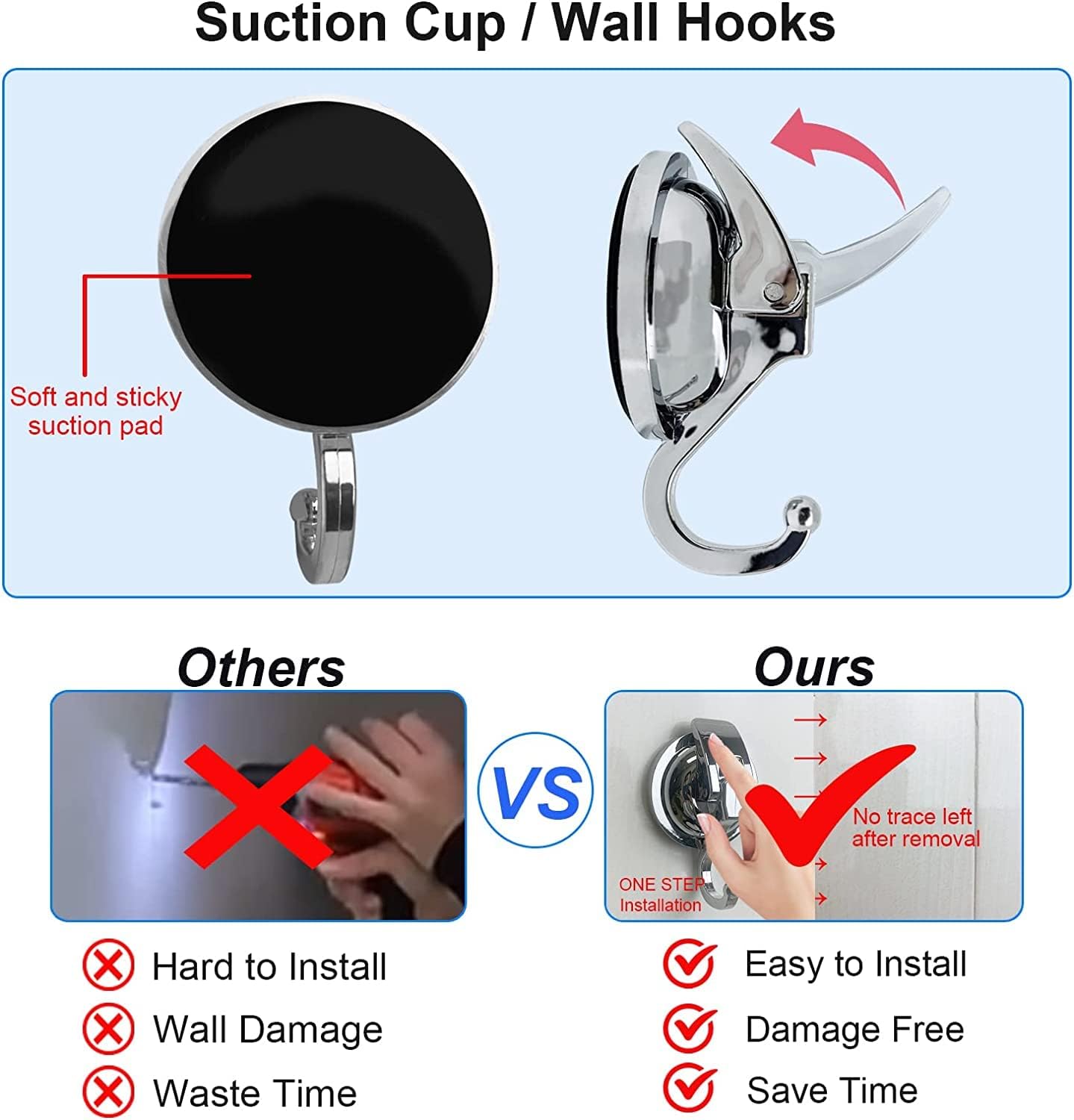 Suction Cup Hooks - Heavy Duty Glass, Reusable, No Hole Punched, for Bathroom Robe & Garland (Silver, 4 Pack)