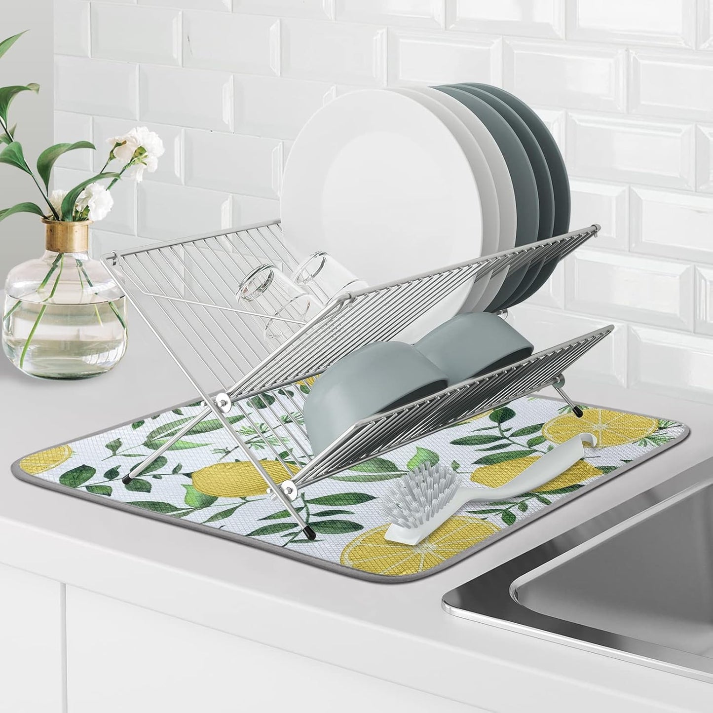 SHIYUE Dish Drying Mat for Kitchen Counter Super Absorbent Spring Kitchen Decor Microfiber Drying Matainers Rack Fast Pad Dish Drainer Mats(Yellow Lemon Green Leaves,16''x18'')