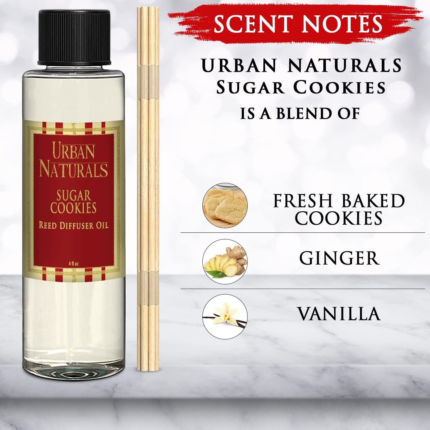 Urban Naturals Sugar Cookies Oil Reed Diffuser Refill with Free Set of Reed Sticks – Freshly-Baked, Buttery Cookie with Ginger Vanilla Frosting | Great Kitchen Scent | Made in The USA Vegan, 4 oz