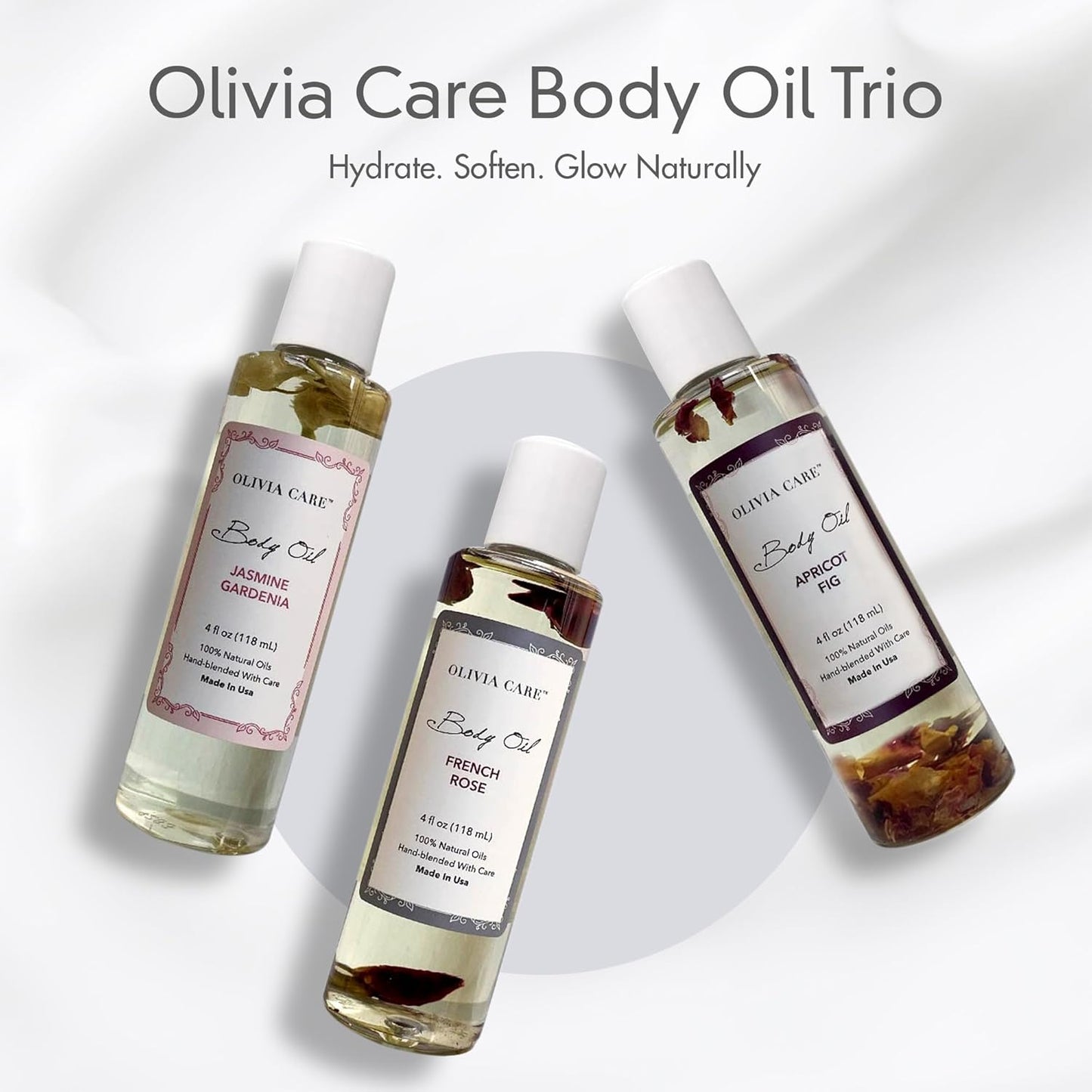 Olivia Care 3 Pack Body Oils: Apricot Fig, French Rose, Jasmine Gardenia - Natural Perfume Oils For Women & After Bath Oils Body Moisturizers, Rich in Vitamin E, K, & Omega (3 Scents)