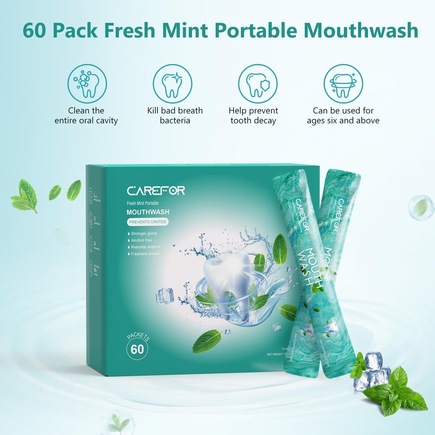 Mouthwash Travel Size Portable 60 Individual Disposable Packets to Go, Alcohol & Fluoride Free Fresh Mint Mouthwash Strips for Superior Oral Hygiene (Pack of 60)