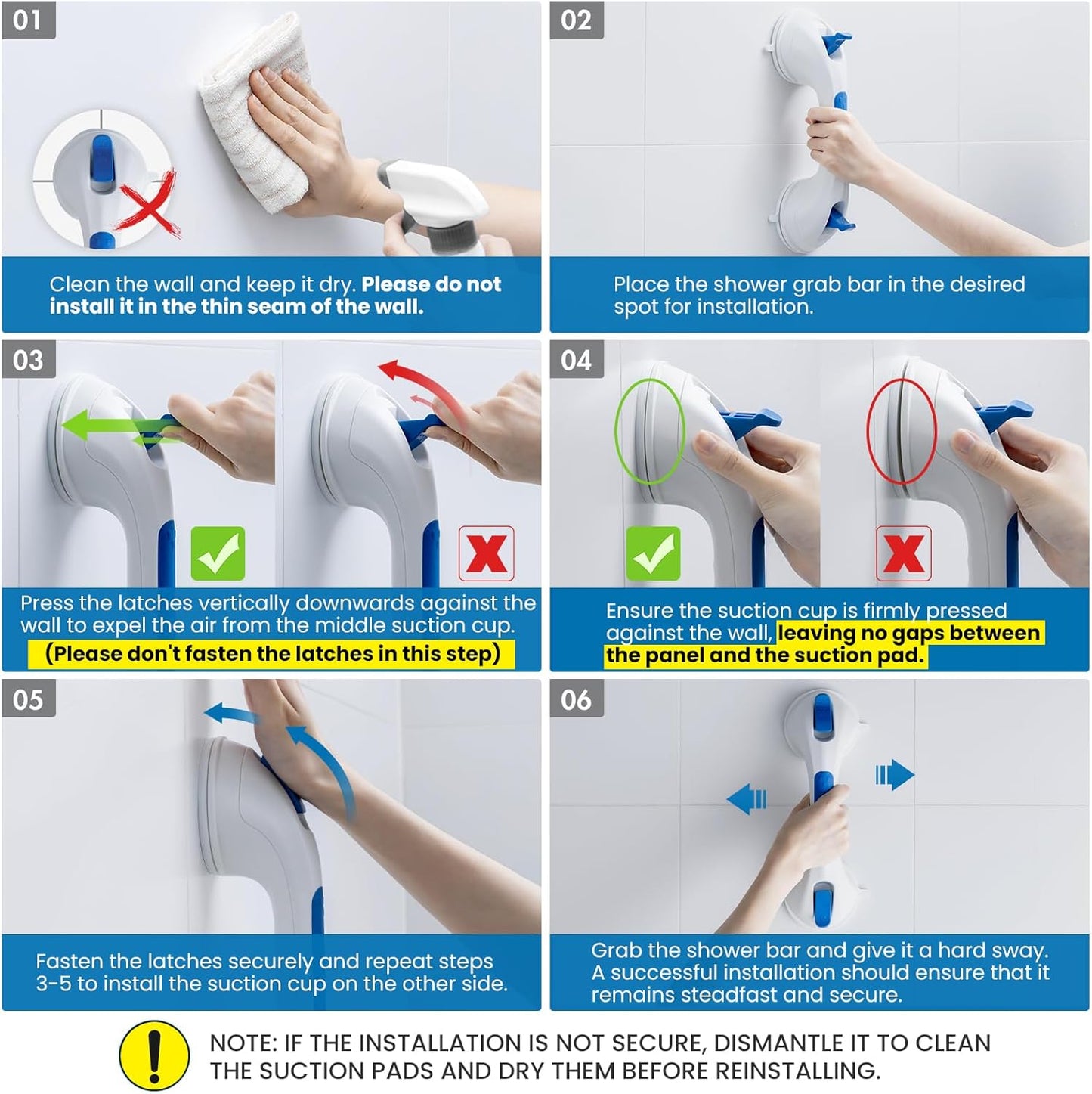 LEVERLOC Shower Grab Bar, 12 Inch Suction Grab Bars for Bathtubs, Shower Handle Handrail for Seniors Bathroom Safety Grip for Elderly, Heavy Duty No Drilling Removable,Blue