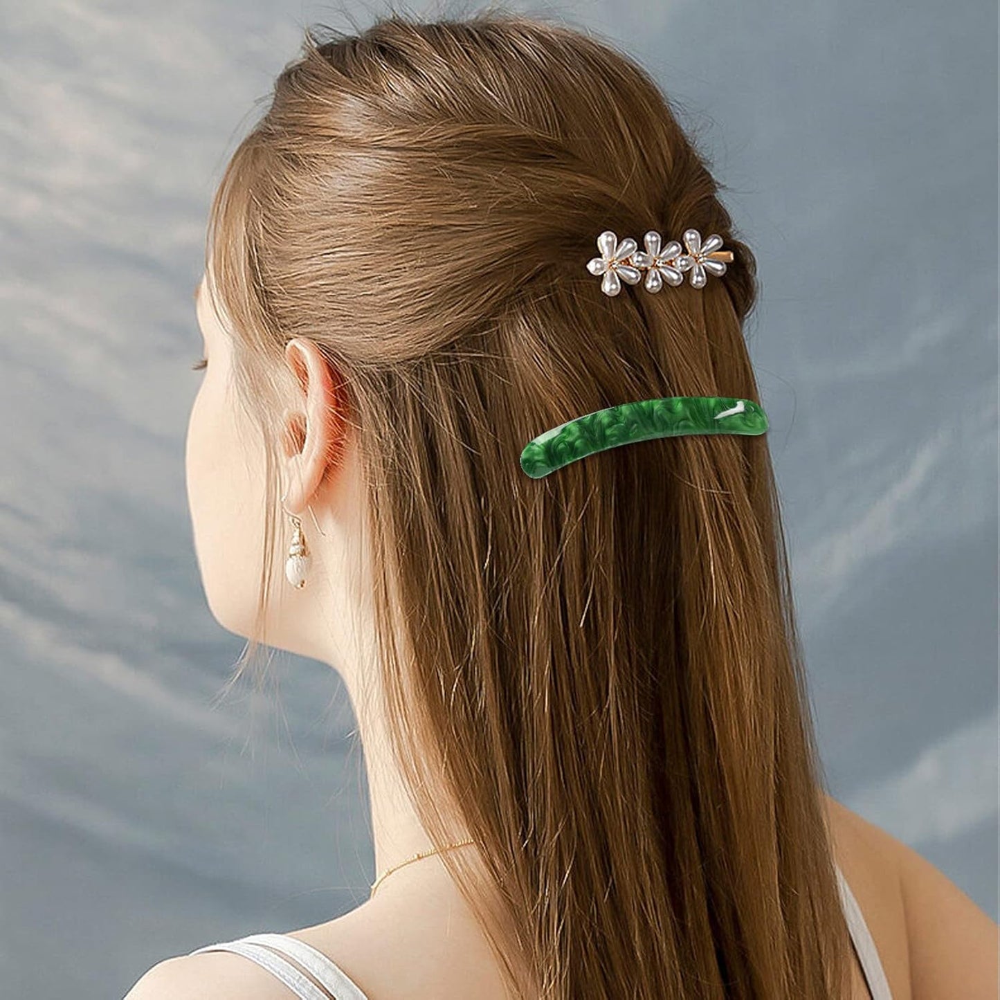 3PCS Women's Barrette Set - Tortoise Shell Automatic Clips for Thick/Medium Hair, Retro Hair Clasps (Light Blue, Star Green, Emerald)