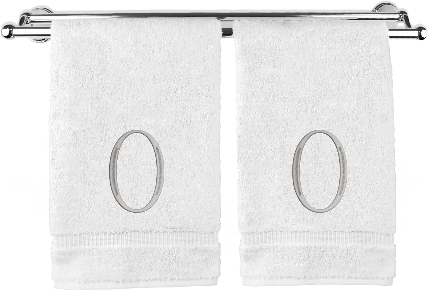 Monogrammed Hand Towel, Personalized Initial Gift, Extra Absorbent 100% Turkish Cotton - Soft Terry Finish - Set of 2 - Silver Block Initial O - Embroidered on White Towels