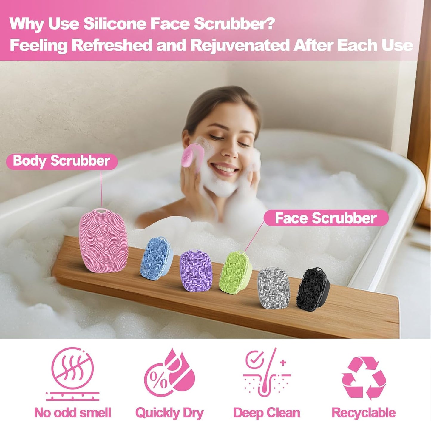 Soft Silicone Body Scrubber, Gentle Like a Hand Exfoliating Your Skin and Build Up Lather, Back Large Suction Cup Easy to Store, & Deep Clean (Body Scrubber + Face Scrubber Pink)