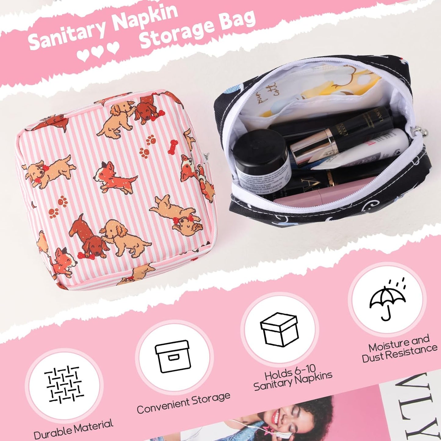 Desing Wish Sanitary Pad Storage Bag Portable Period Bag for Teen Pads/Sanitary Napkins/Small Tampons, Sanitary Napkin Storage Bag First Period Gifts for Teen Girls (Bowknot Rabbit)