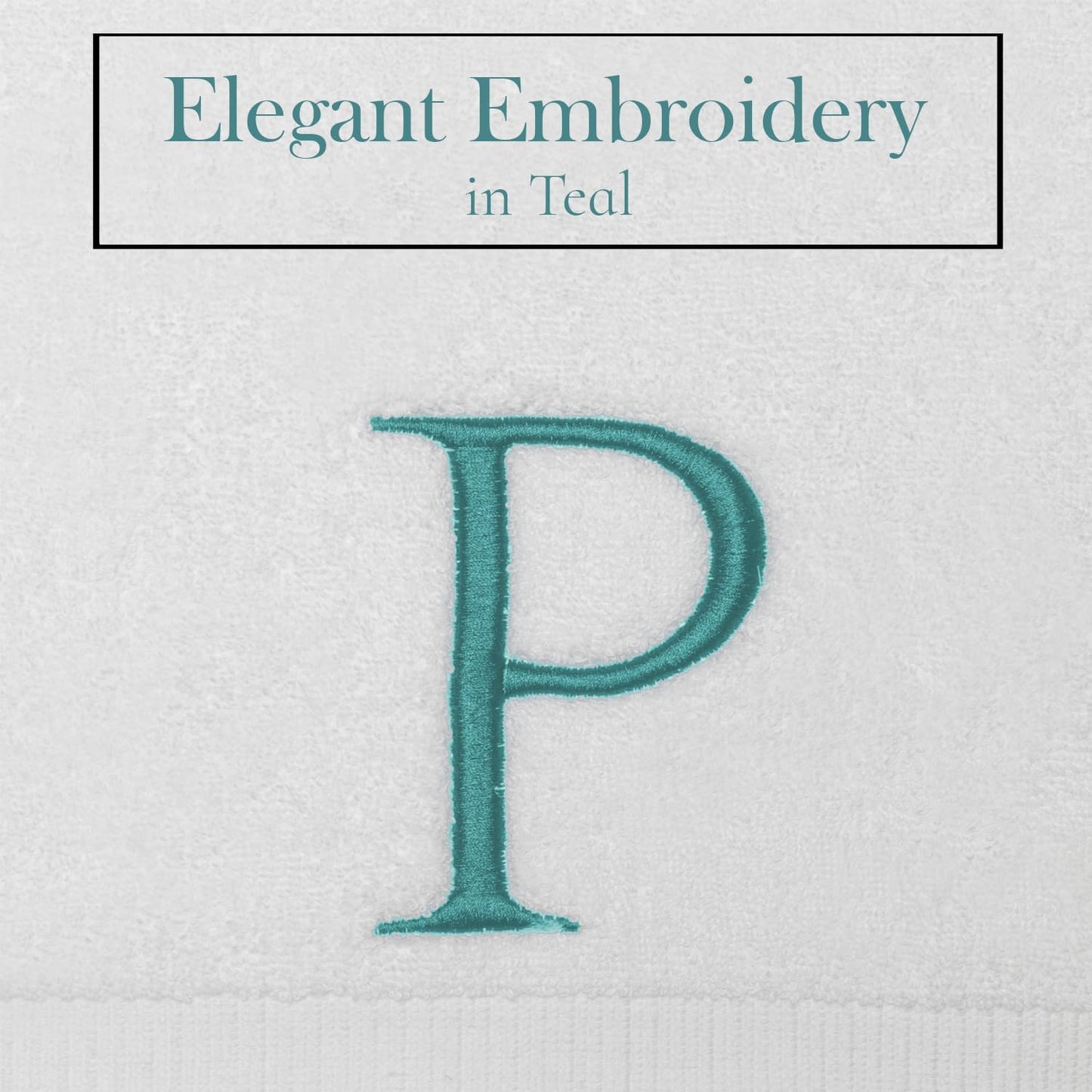 Teal Monogrammed Hand Towel for Bathroom - Initial Hotel Quality Decorative Embroidered Luxury Towel for Powder Room, Spa - GOTS Organic Certified - Pack of 2, Letter P