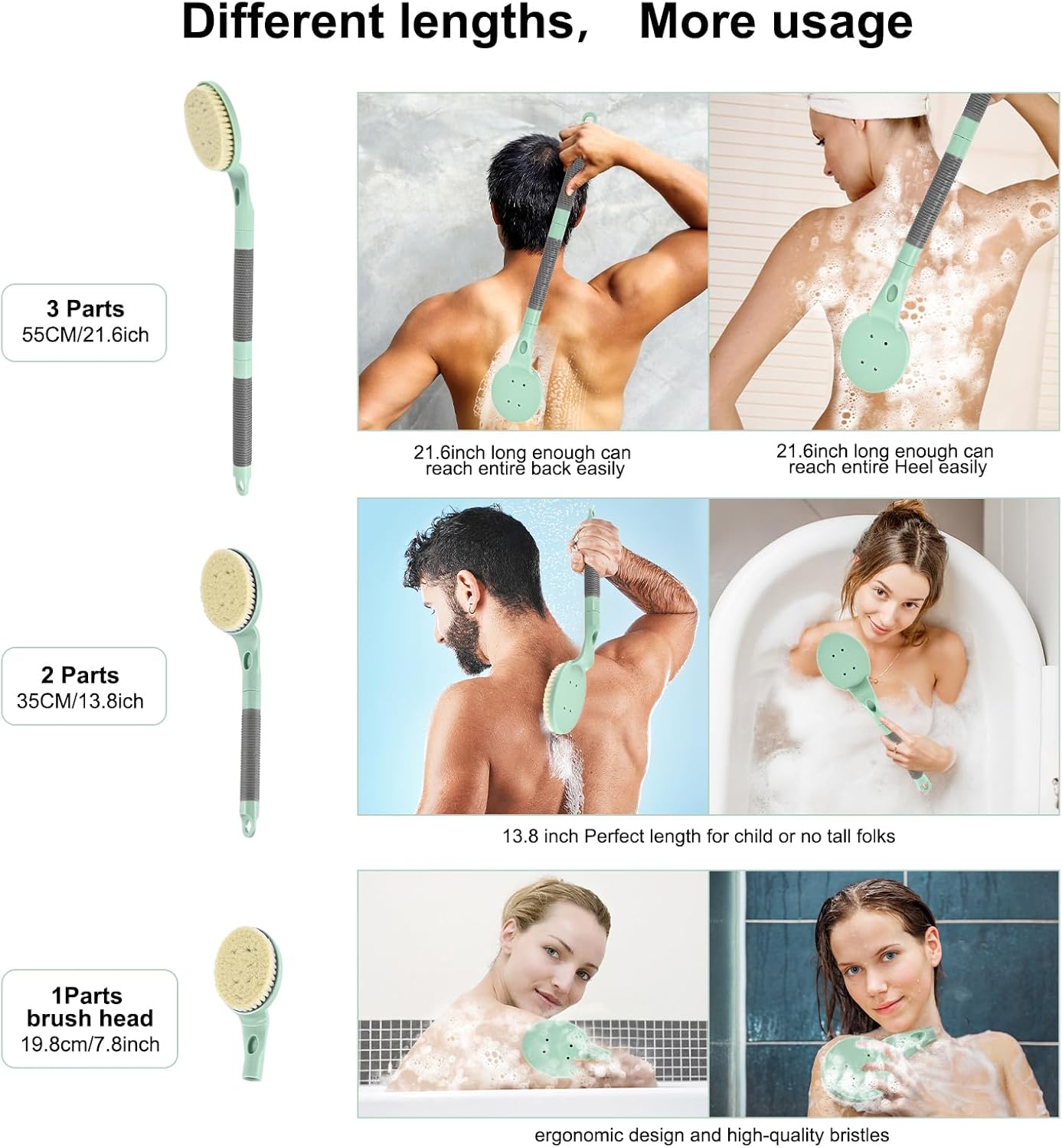 Back Scrubber Anti Slip for Shower, 21.7” Detachable Back Bath Brush for Shower, Back Scrubber, Exfoliation and Improved Skin Health for Elderly with Limited Arm Movement, Disabled (21.7” Cyan)