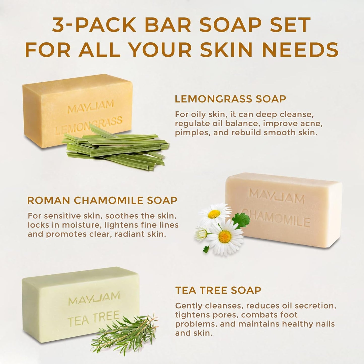 Natural Botanical Bar Soap With Essential Oil, Vitamin E, Pure Plant Oil Bath Body Soap- Lemongrass,Tea Tree, Roman Chamomile Rich Creamy for Men, Women All Skin Type