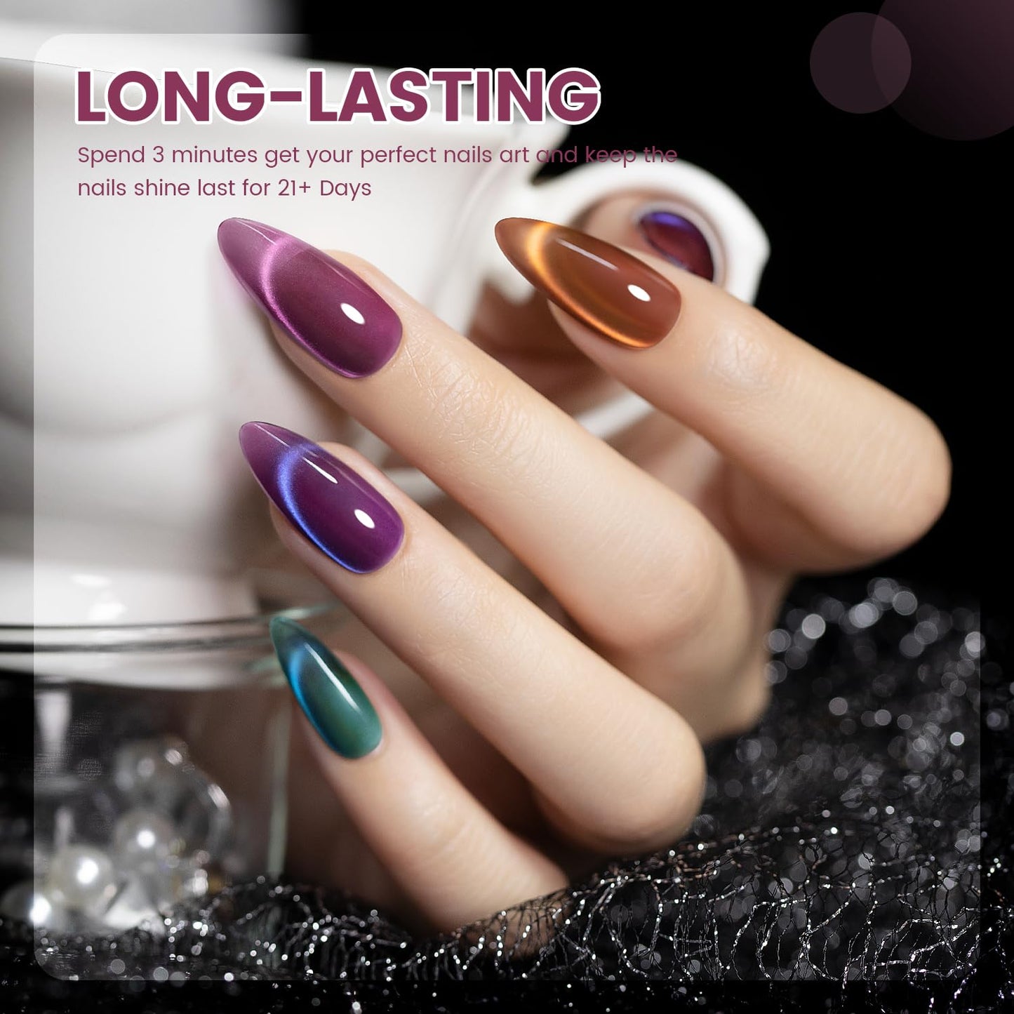 RARJSM Aurora Ceramics Glitter Glass Cat Eye Gel Nail Polish Set 6Pcs Pink Purple Brown Blue Green Shimmer Smoothie Cateye Colorful Galaxy Effect with Magnetic Stick UV LED Curing Require Home Salon