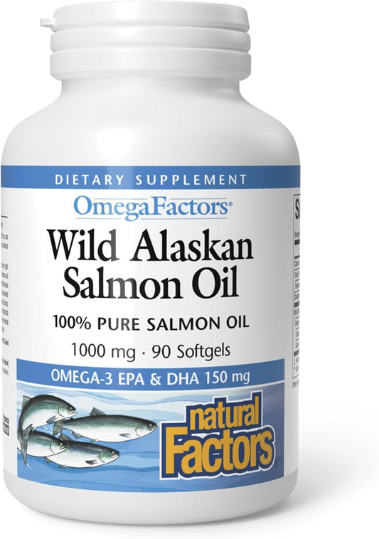 Omega Factors by Natural Factors, Wild Alaskan Salmon Oil, Supports Heart and Brain Health with Omega-3 DHA and EPA, 90 Softgels