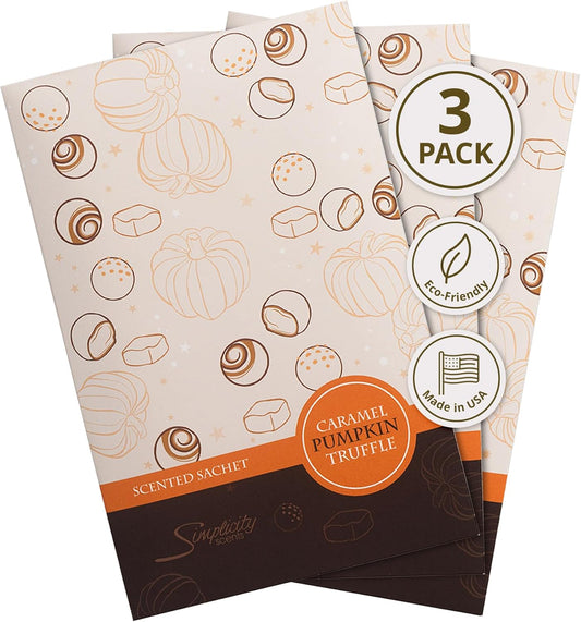 Floral Simplicity Caramel Pumpkin Truffle Scented Sachets Pack of 3, Fall & Winter - Long-Lasting Scented Bags, Home Fragrance, Air Freshener & Deodorizer for Closet, Room, or Cars, Made in USA