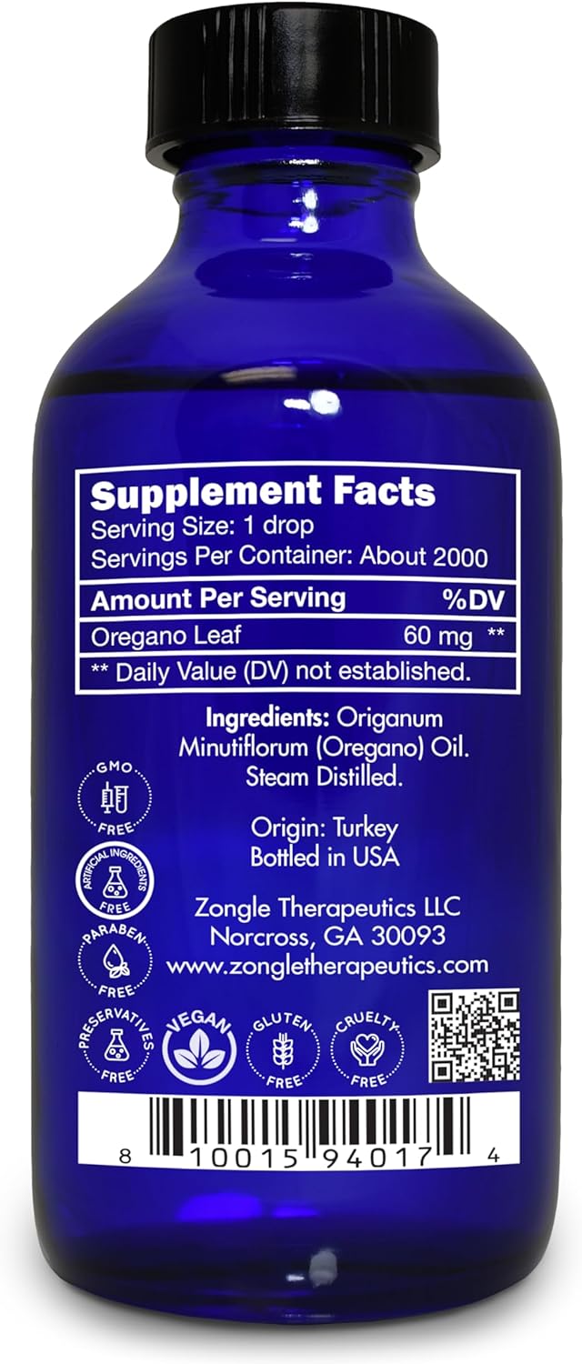 Zongle Therapeutics Oregano Oil, Food Grade, Safe for Ingestion, Edible, for Drops, Kids – 100% Pure, Oregano Essential Oil, 4 OZ