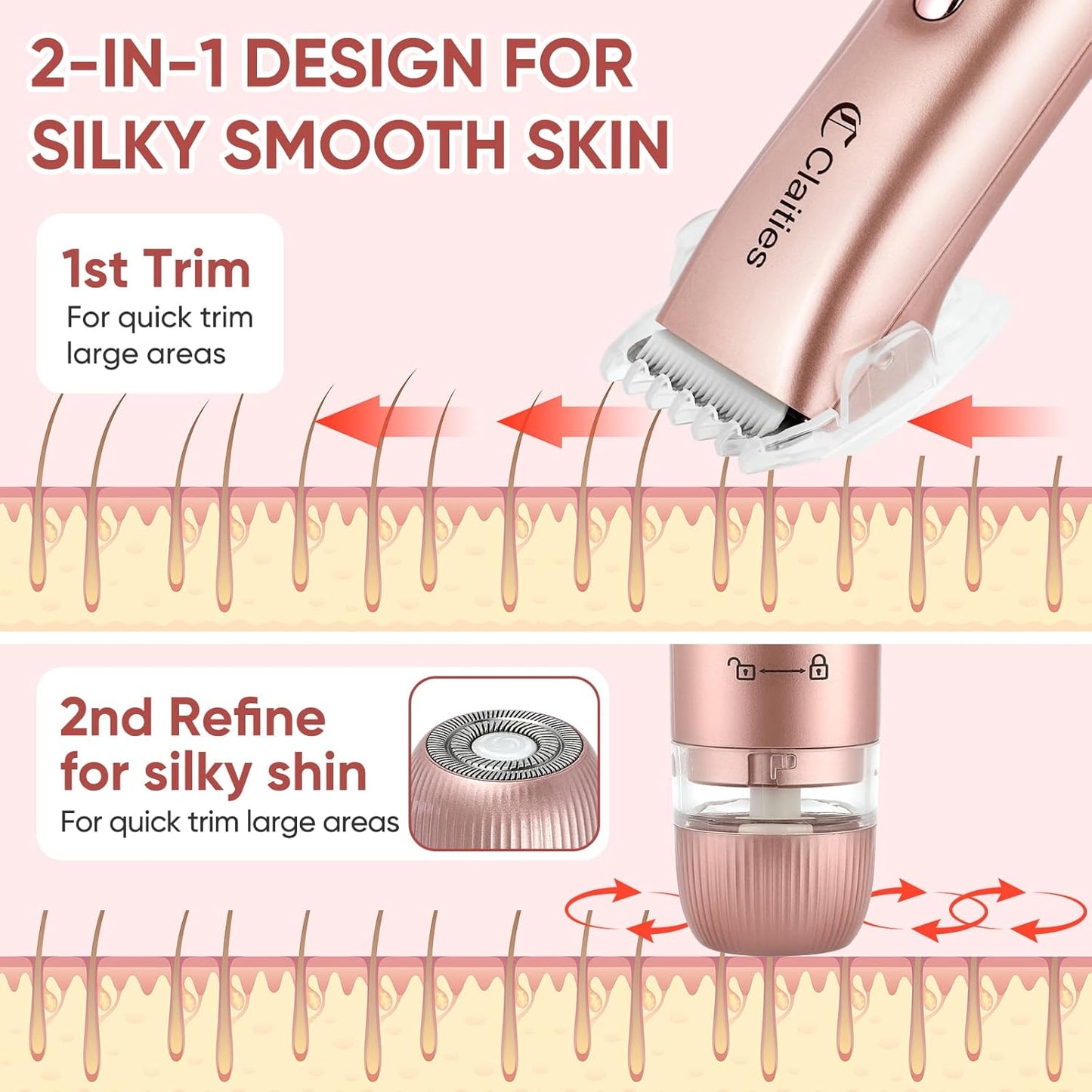 2 in 1 Women Electric Shaver Dual Head Bikini Trimmer for Women IPX7 Waterproof Wet & Dry Use Body Hair Trimmer and Facial Hair Remover for Bikini Underarm Leg Arm Body Face