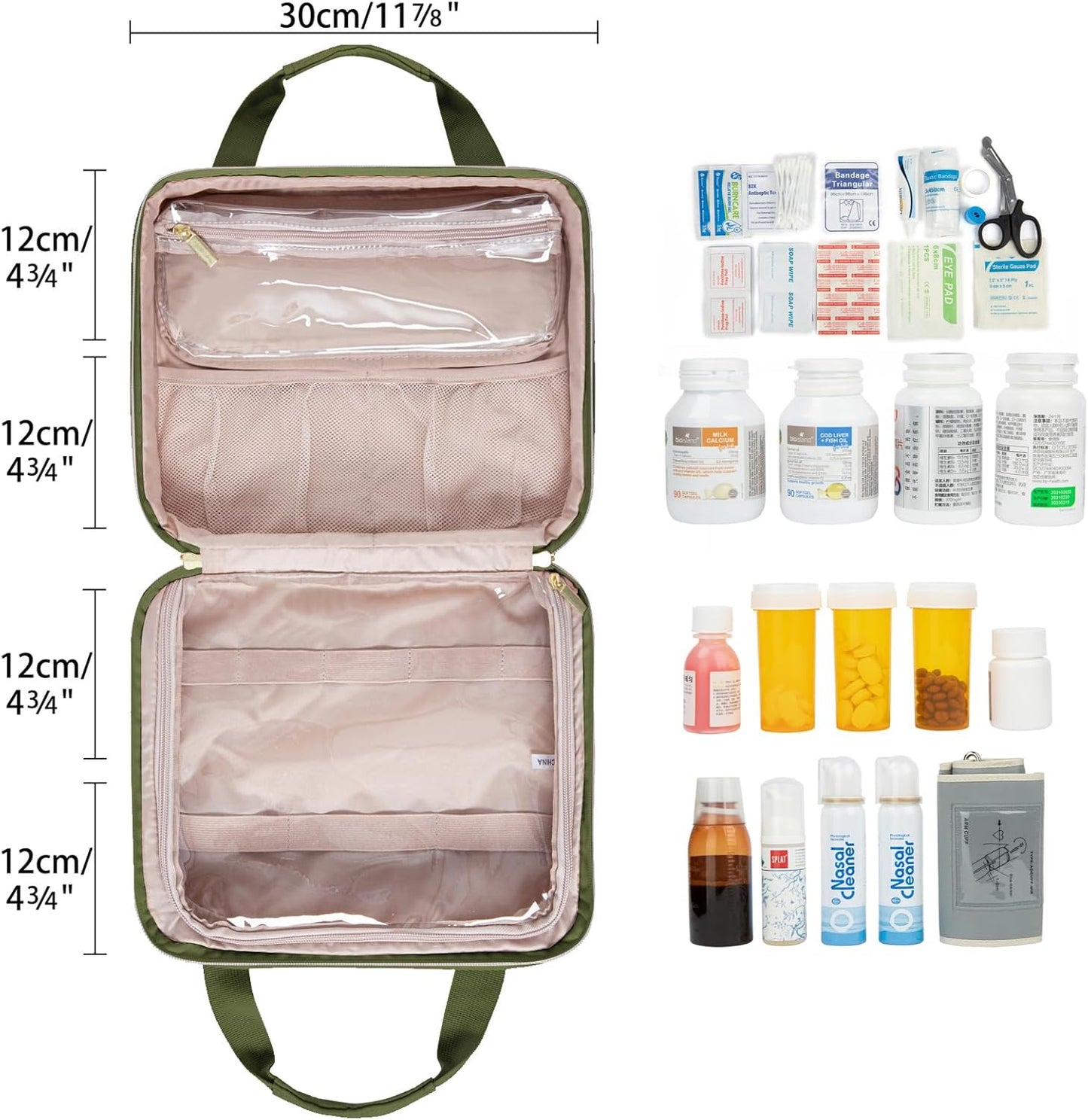 Leudes Travel Pill Bottle Organizer,Medicine Organizer and Storage,Home Medication Bag, Cases,Carrier for Pills,Vitamin,Fish Oil,Supplements for Women and Men (Large, Army Green)