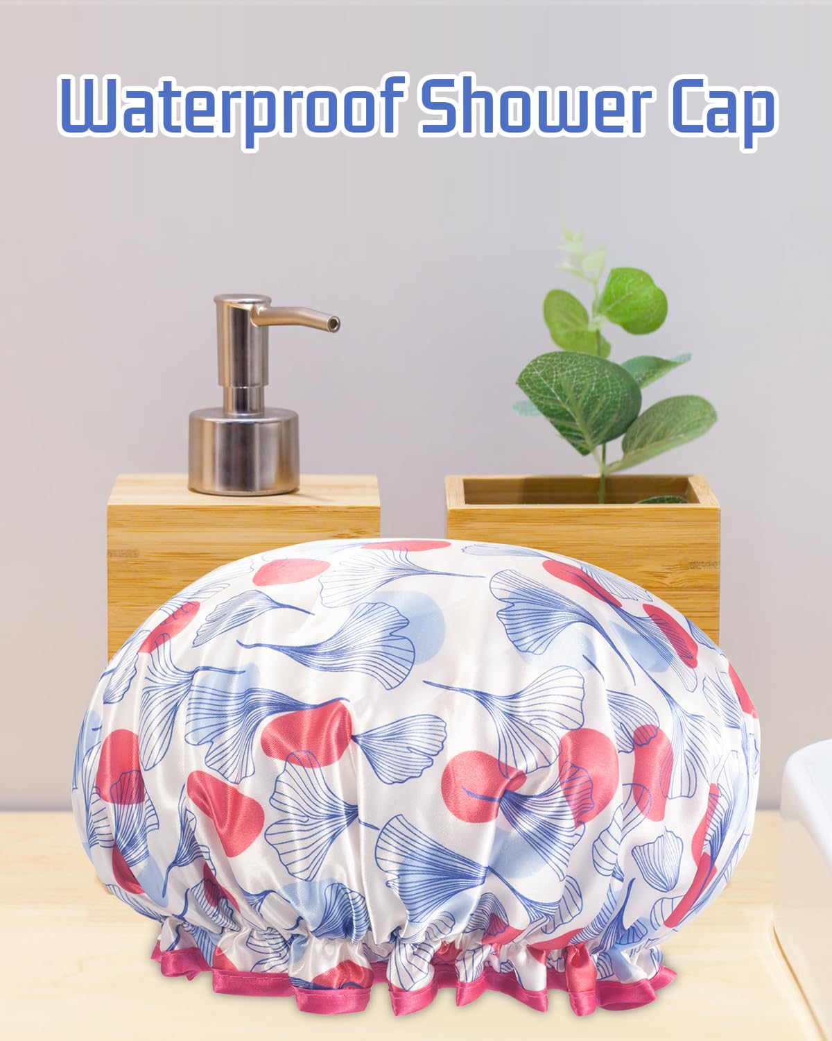 Aquior Shower Caps, Reusable Shower Cap for Women, Double Layer Waterproof Hair Cap, Microfiber Large Size for All Hair Lengths,for Girls Spa Home Salon Use (Red-Tulip)