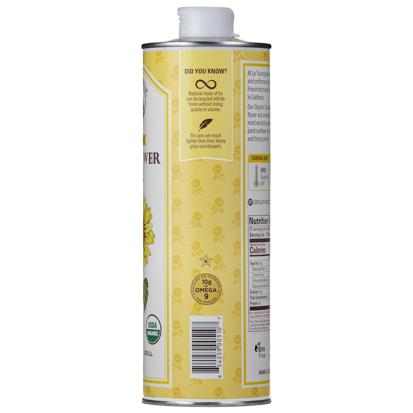 La Tourangelle, Organic High Oleic Sunflower Oil, Neutral Oil For Medium to High Heat Cooking and Skin Care, Non GMO, Pesticide and Chemical Free, 33.8 Fl Oz
