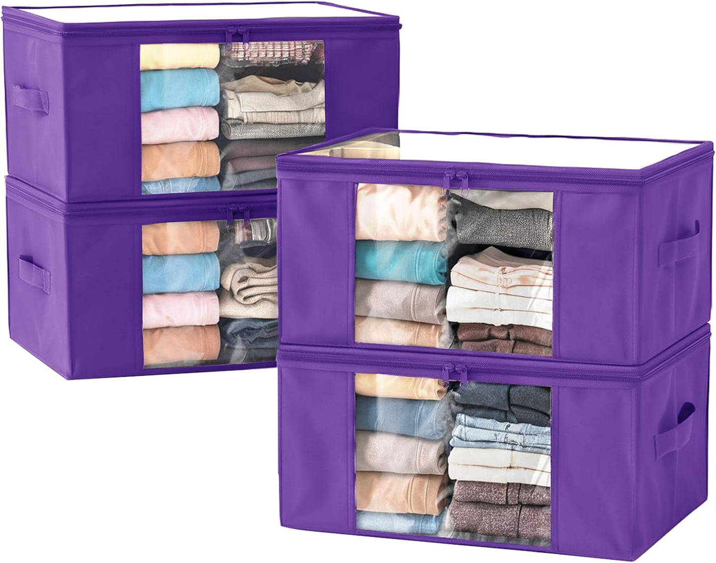 Clothes Storage Bags, Foldable Thick Fabric Blanket Storage Bags, Large Clear Window & Carry Handles, Great for Clothes, Blankets, Closets, Pillows, Toys (Purple, 4PACK)
