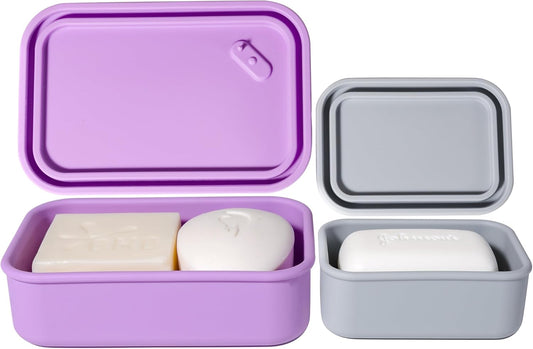 MtBoi 2PC Portable Leakproof Travel Soap Case, Silicone Soap Container, Compact Travel Holder with Drainage Layer, Camping, Gym, Outdoor Lavender&Gray