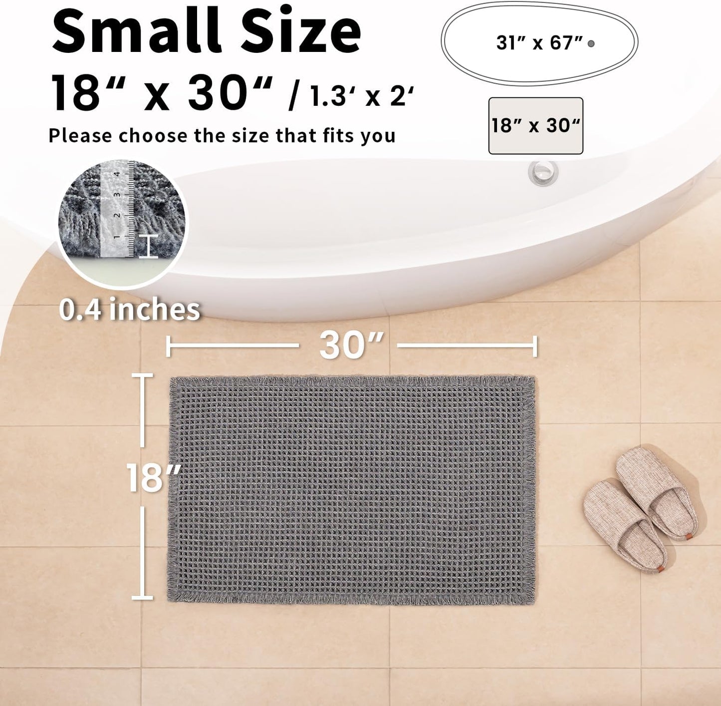 Waffle Bath Mat - Boho Bathroom Rugs Non Slip Washable, Super Absorbent & Quick Dry, Small Bath Mats Farmhouse Bathroom Decor, 18'' x 30'', Dark Grey