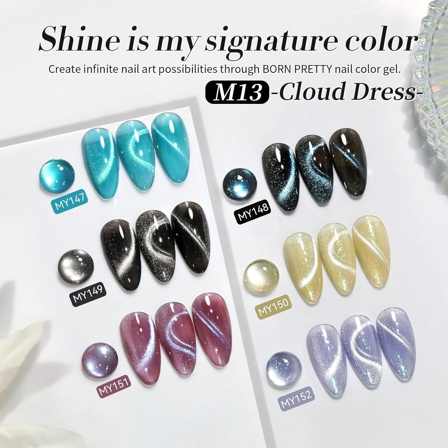 Born Pretty Cat Magnetic Eye Gel Nail Polish, 6 Colors 9D Magnetic Glitter Gel Polish Set Black Blue Purple Green Nail Polish Kit Soak Off LED Nail Art DIY Salon Gift