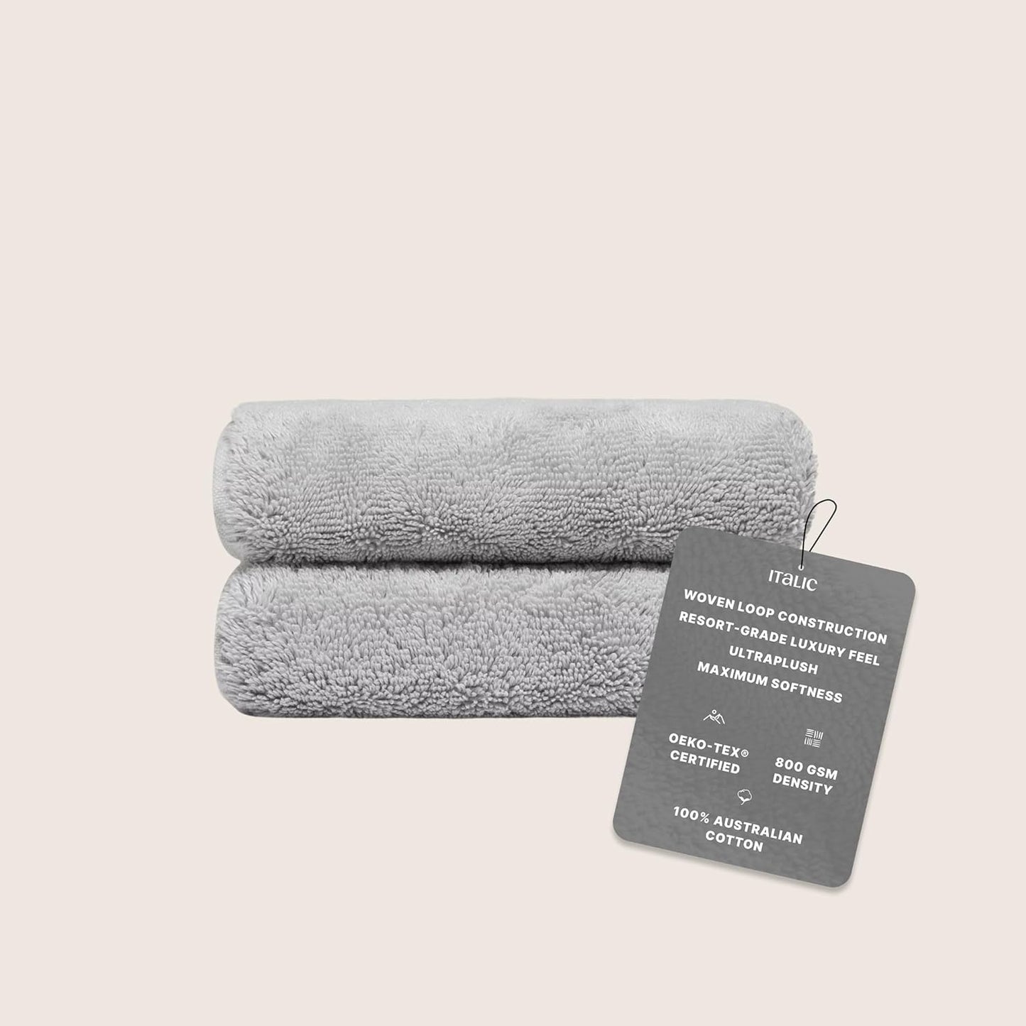 Italic Ultraplush 100% Australian Cotton Hand Towels - Set of 2 Luxury Hand Towels, Ultra Soft and Highly Absorbent 800GSM Towels for Bathroom,Shower, Hotel, and Spa (Light Gray)