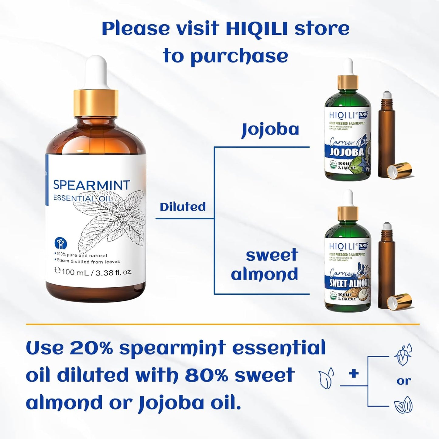 HIQILI 100ML Spearmint Oil for Skin Care, Facial, Can be Added to Lotions, Creams -100% Pure Natural Treatment Grade - 3.38 Fl Oz