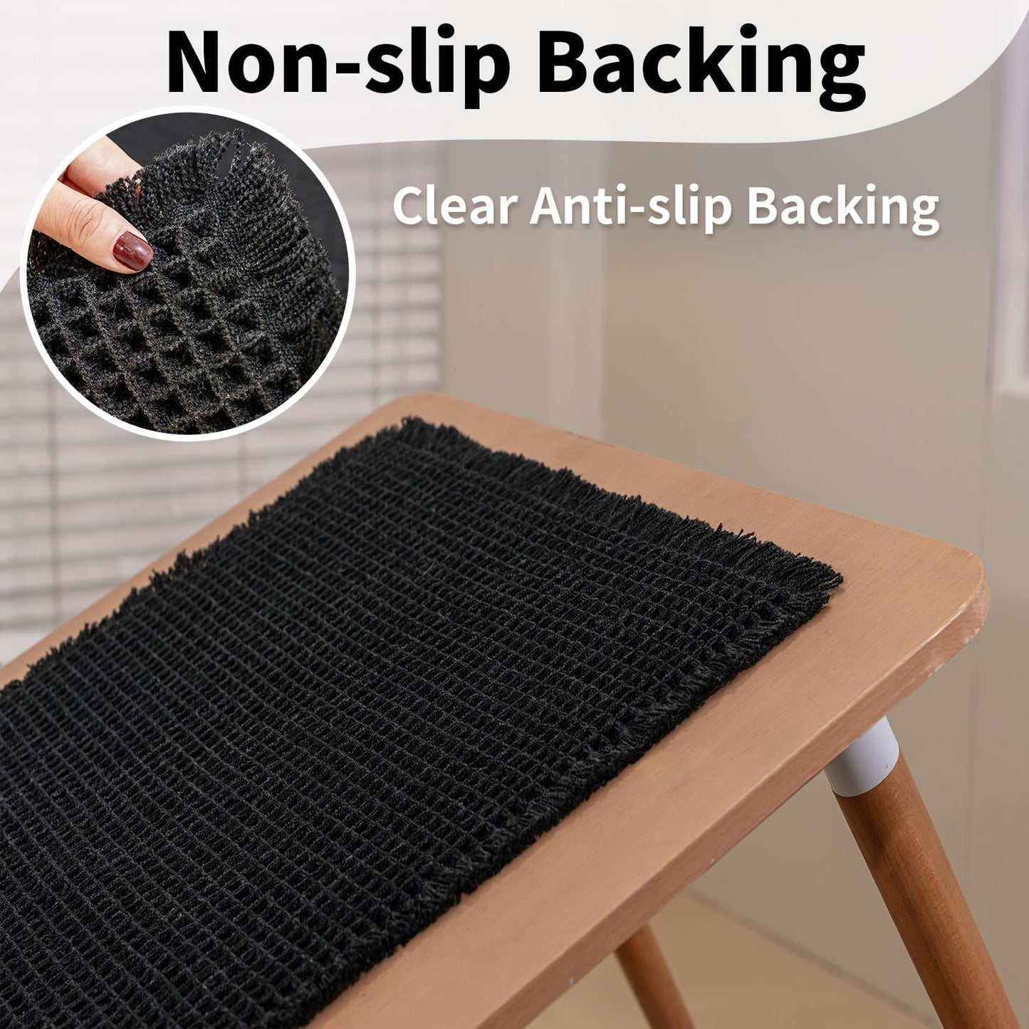 Black Bathroom Rug - Waffle Bath Mat Non Slip Washable, Super Absorbent & Quick Dry, Boho Bath Mat Farmhouse Bathroom Decor, 24'' x 36'', Black