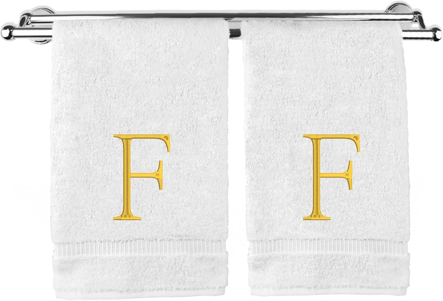 Monogrammed Hand Towel, Personalized Initial Gift, Extra Absorbent 100% Turkish Cotton - Soft Terry Finish - Set of 2 - Gold Block Initial F - Embroidered on White Towels