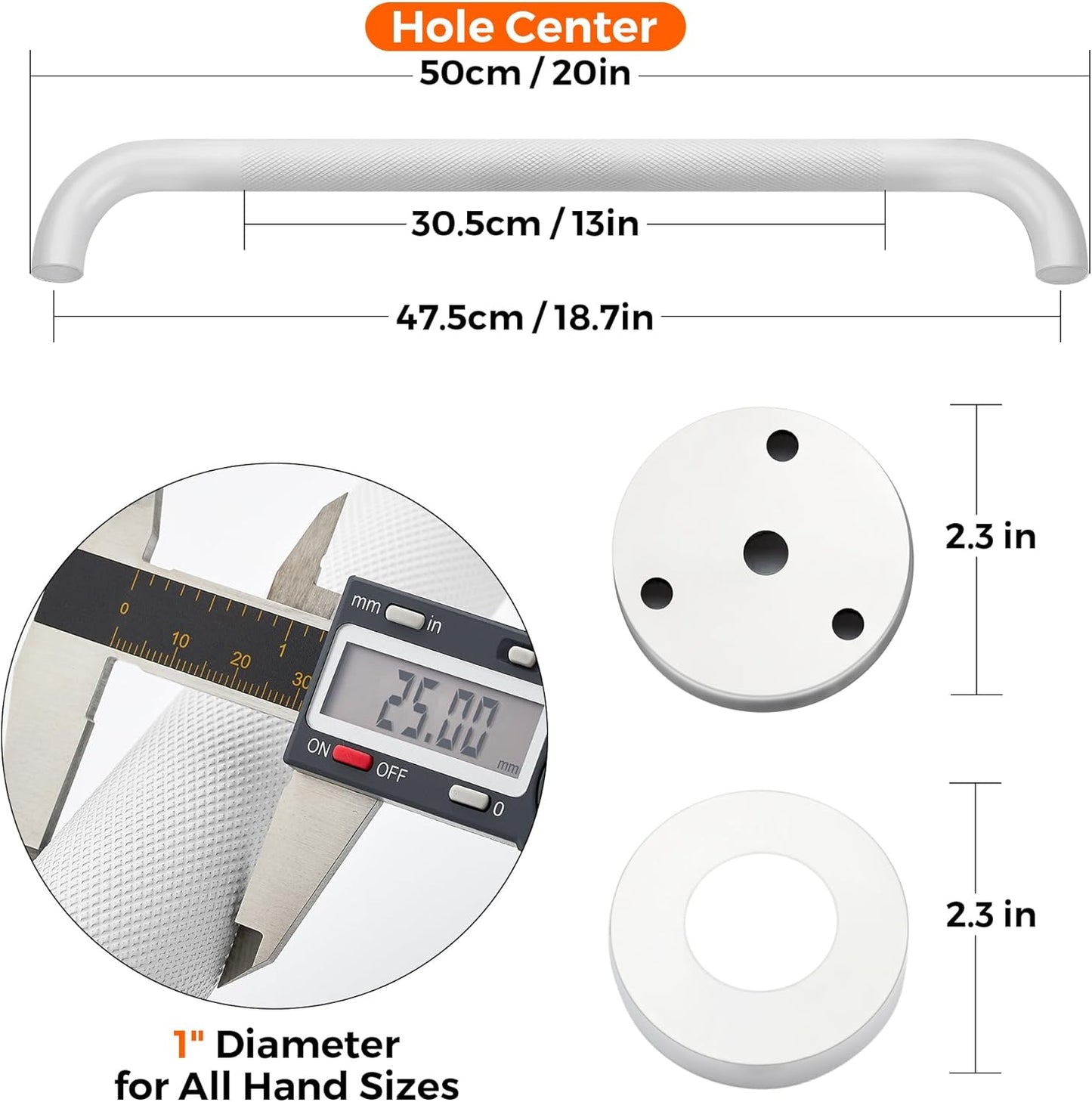 Grab Bars for Shower, 1 Pack 20-Inch Anti Slip Shower Handles for Elderly, Safety Shower Grab Bar, Stainless Steel Handicap Grab Bars for Bathroom (White 1" Diameter)