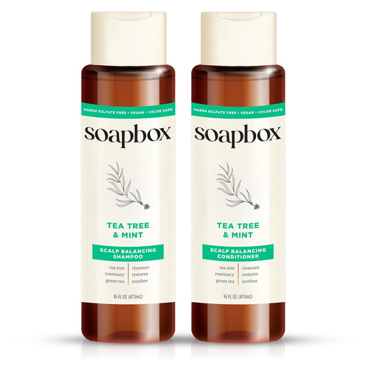 Soapbox Tea Tree Shampoo and Conditioner Set, Scalp Balancing with Tea Tree Oil, Jojoba Oil, Aloe and Shea Butter to Clean and Purify for All Hair Types, 16 Ounces Each (Pack of 2)