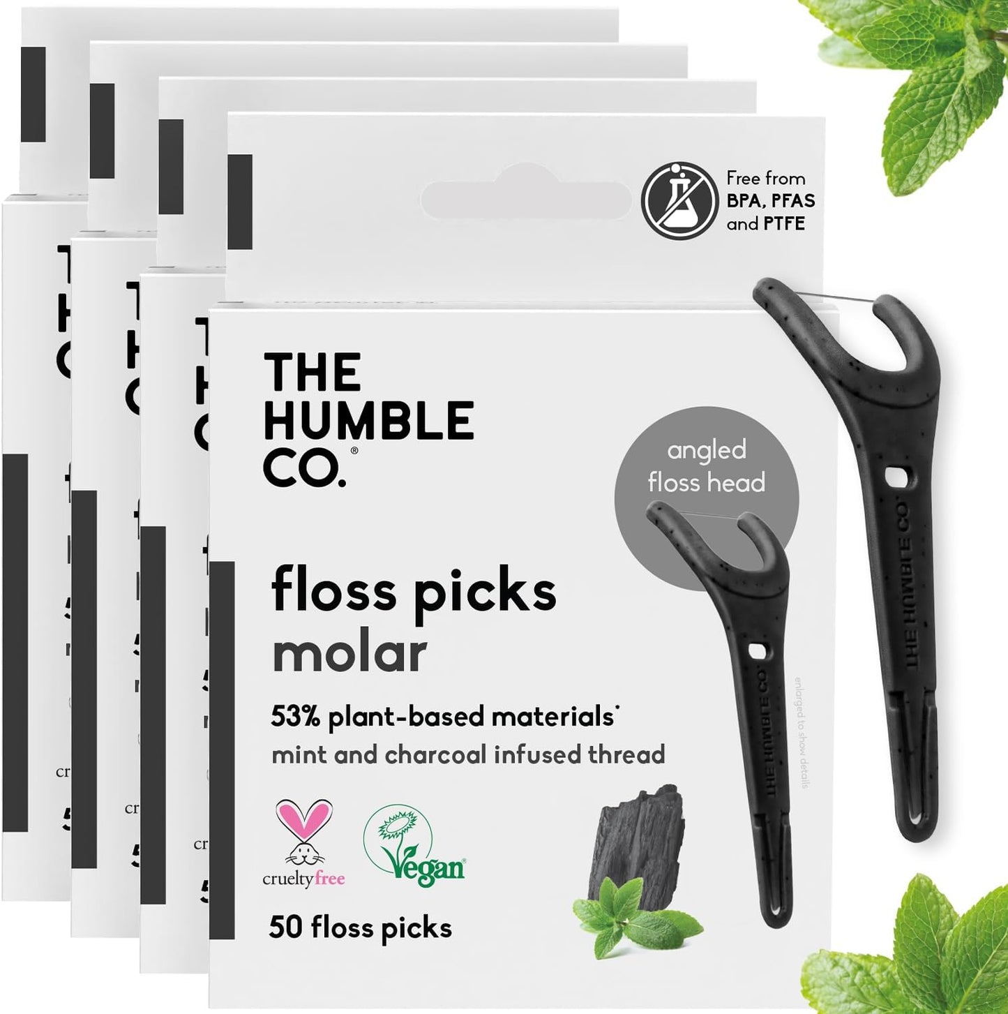 The Humble Co. Floss Picks (200 Count) – Plant Based Dental Floss Picks with Grip Handle for Superior Oral Care, Dental Hygiene, and Gum Health, Cruelty Free Tooth Floss Picks (Charcoal)