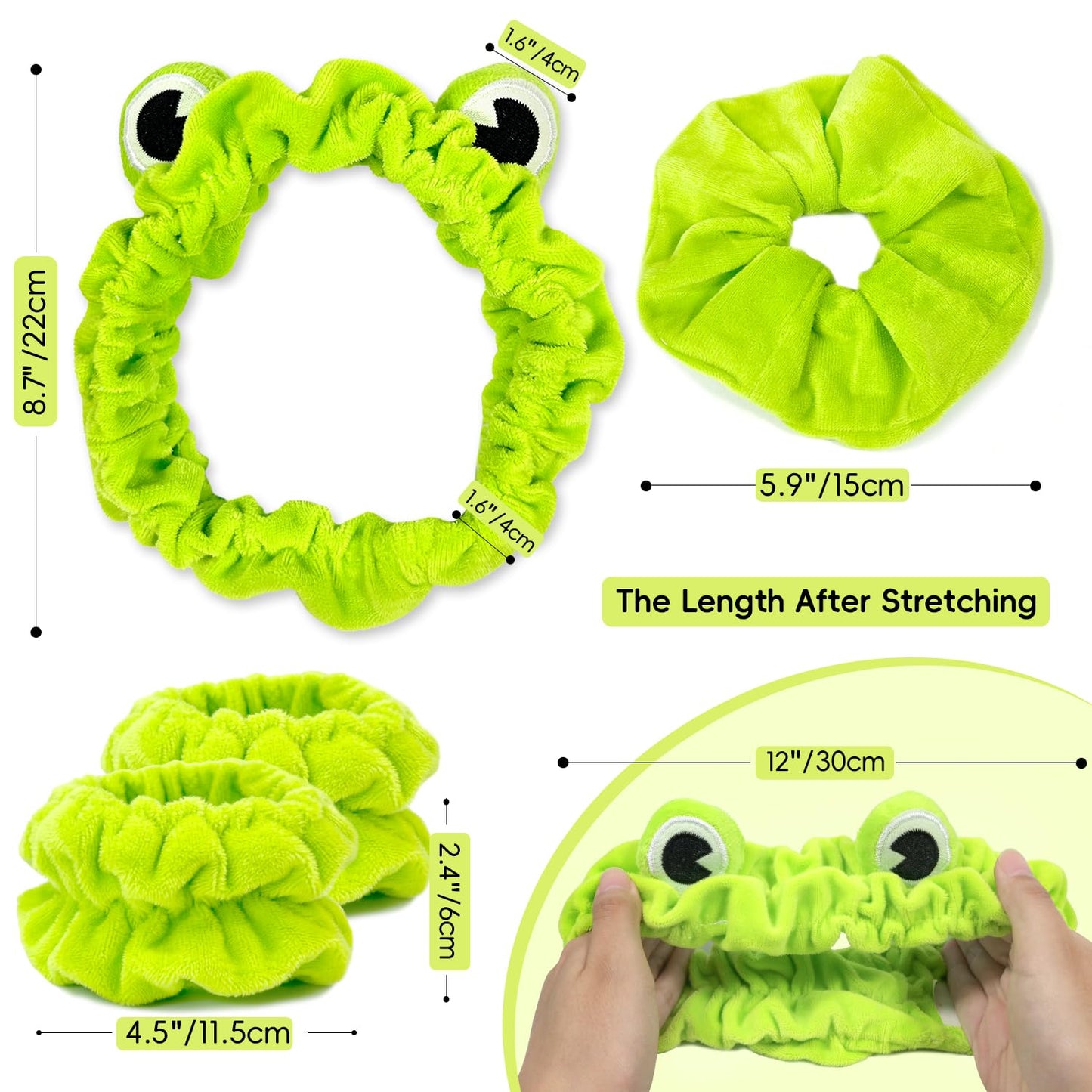 Face Wash Headband, Skincare Headband Wrist Bands For Washing Face Set Spa Hair Bands come with a Hair Scrunchie Cute Green Frog Elastic for Makeup Girls Women