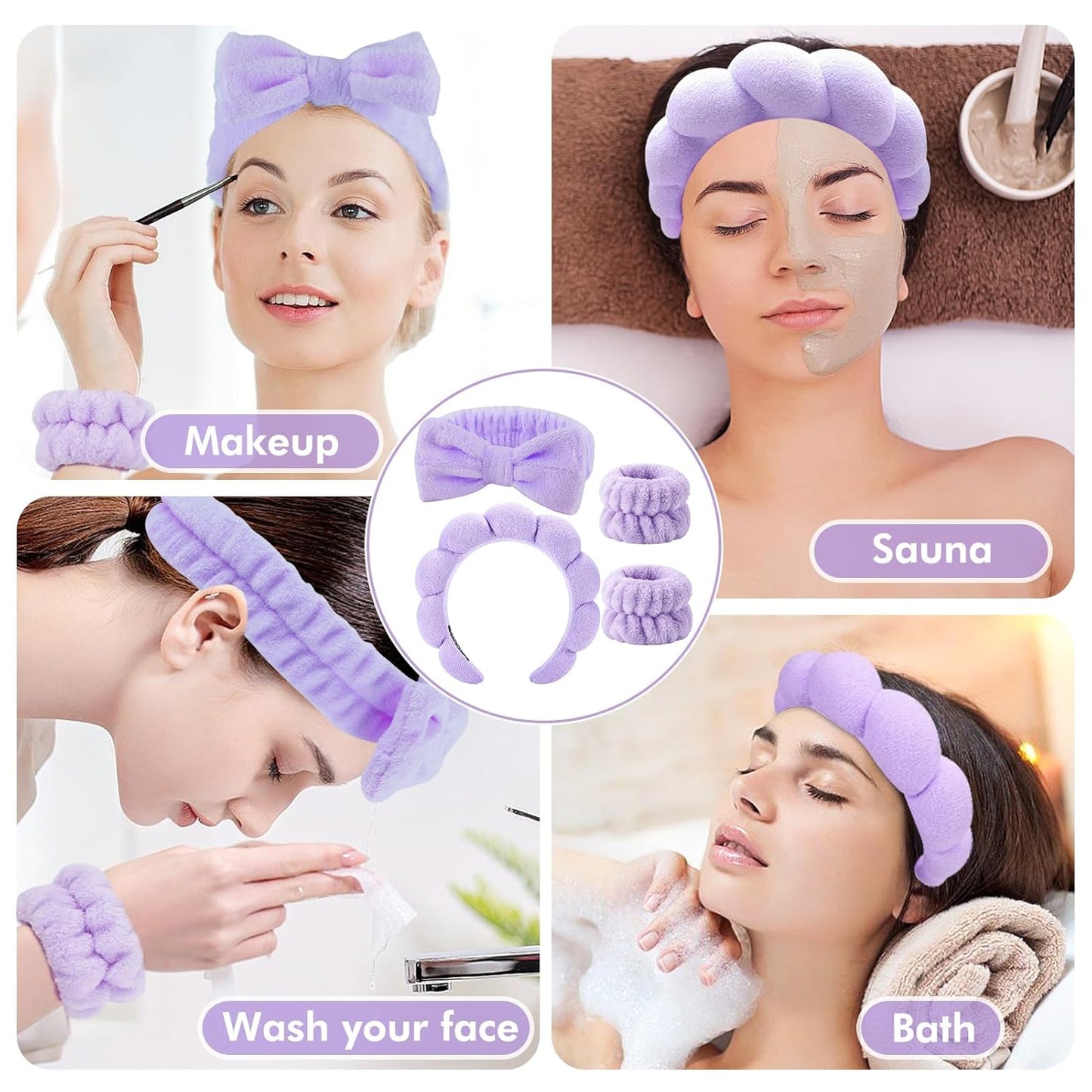 Zkptops 6Pcs Spa Headband for Washing Face Wristbands Set Women Bubble Skincare Makeup Sponge Terry Cloth Padded Puffy Headband Bow Tie Hairband Cute Non Slip Thick Hair Accessory Gifts (Purple)
