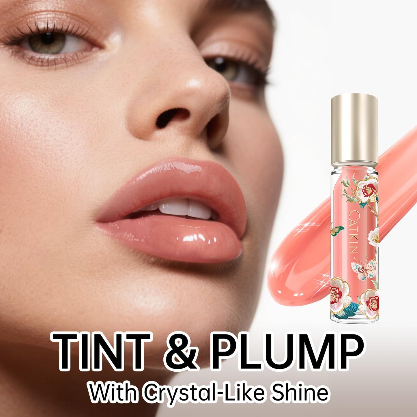 Catkin Lip Plumper Gloss, Tinted Lip Serum with Hyaluronic Acid & Jojoba Oil, Non-sticky Volumizing Hydrating Formula for a High Shine Maximum 3D Look, Plump & Soft Lips 0.12 Fl Oz - C06 Peach Jade