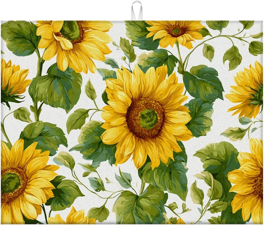 Dish Drying Mat For Kitchen Counter, Summer Sunflowers Microfiber Absorbent Dish Drainer Rack Pad Reusable Large 18x24in Drying Mat