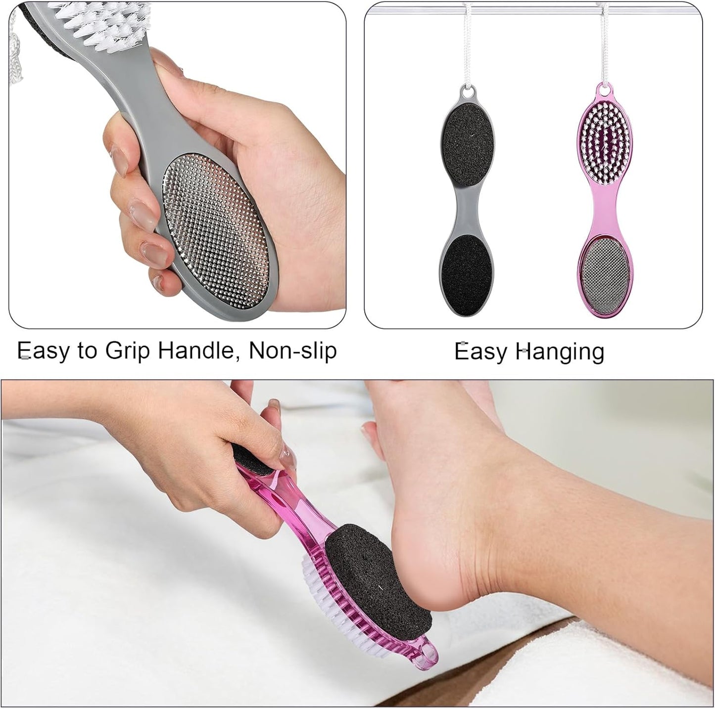 Pumice Stone Brush for Feet 4 in 1, Foot File Callus Remover, Foot Rasp and Sand Paper Pedicure Tools with Handle, Shower Foot Scrubber, Soft Smooth Feet for Home Foot Care,2 Pack
