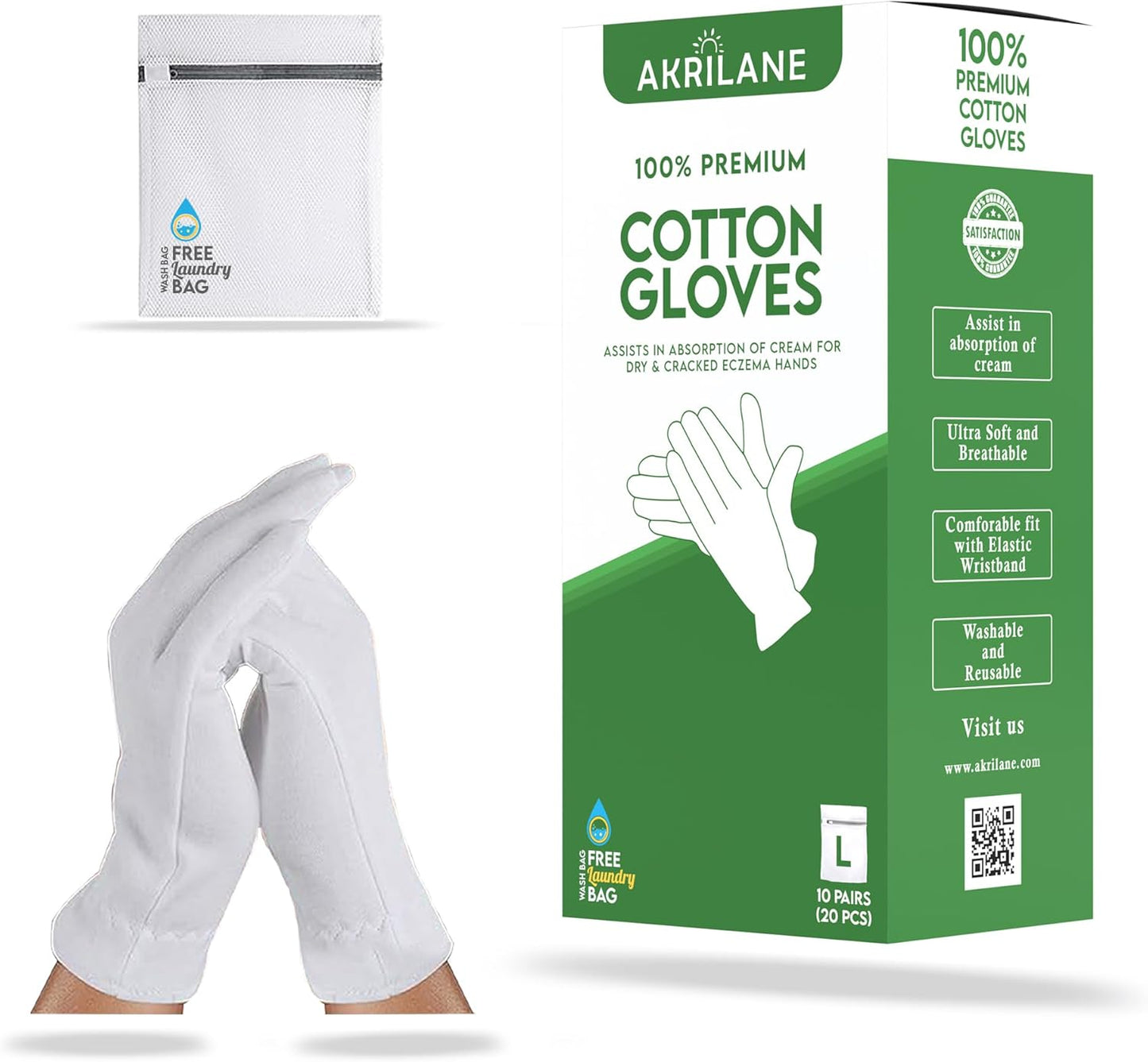 L Large 10 Pairs 100% Premium Cotton Gloves for Dry Hands | Moisturizing Overnight Gloves for Eczema, Psoriasis & Skin Spa Treatment for Women & Men | Washable & Reusable with Free Laundry Bag