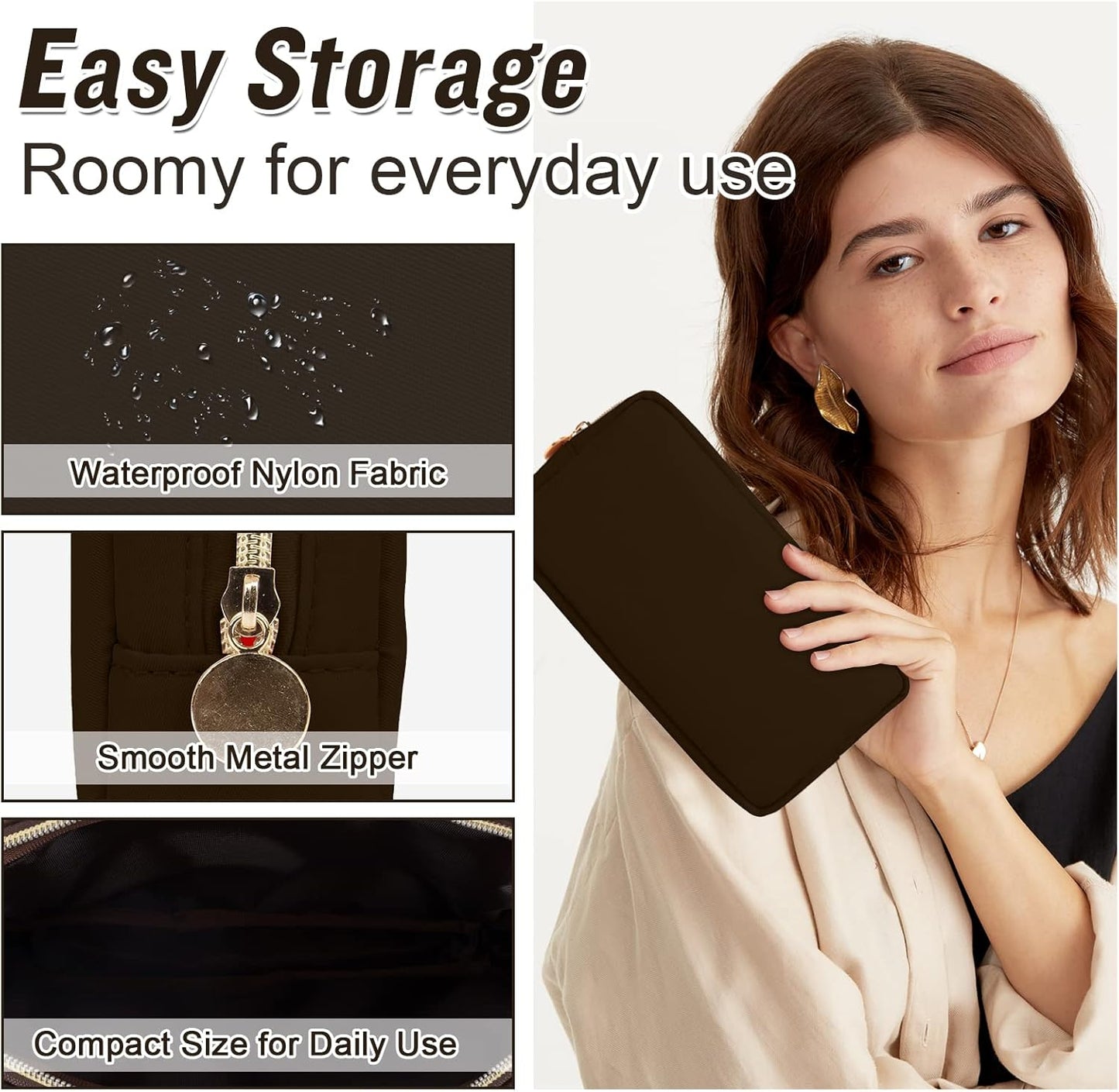 Nylon Small Makeup Bag for Purse, Cute Preppy Makeup Bag Cosmetic Zipper Pouch Purse, Waterproof Portable Travel Toiletry Bag Clutch Make Up Brush Bag Organizer Storage for Women Men Girls(Brown)