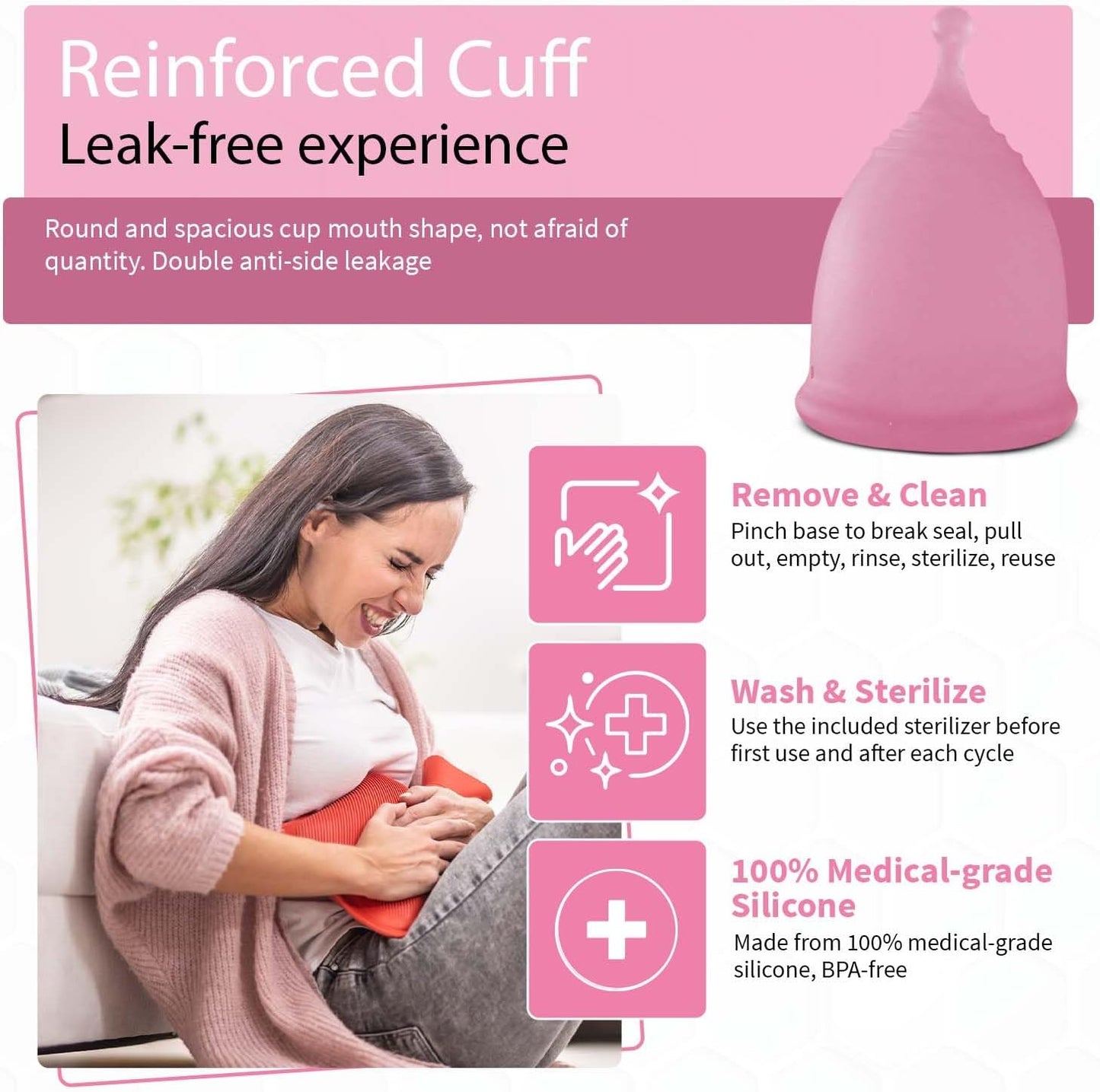 Angel's Peel Lounge Menstrual Cup for Women - 100% Medical-Grade Leak-Free Soft & Flexible Silicone Cup - 12 Hour Leak Protection Eco-Friendly & Reusable Period Cups for Women - Pink - Extra Small