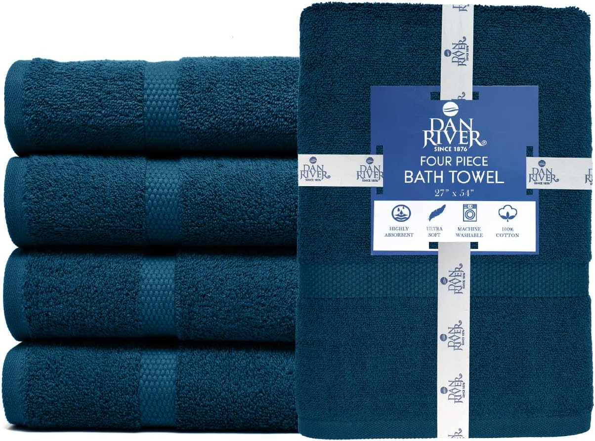 DAN RIVER Bath Towels Set of 4, 27 x 54 Inches, 100% Cotton, Larger & Lighter Weight, Quicker to Dry, Super Soft and Absorbent, Ideal Opal Blue Bath Towel for Daily Use